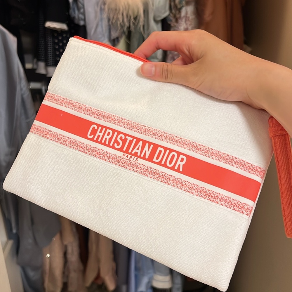 Dior White Canvas Pouch with Coral Red Stripe